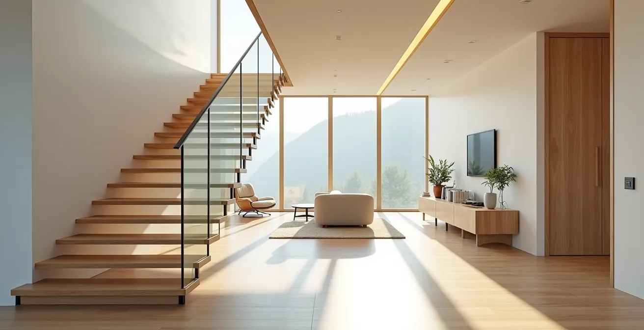 Vue d'ensemble d'un intérieur de maison moderne avec espaces ouverts et lumineux