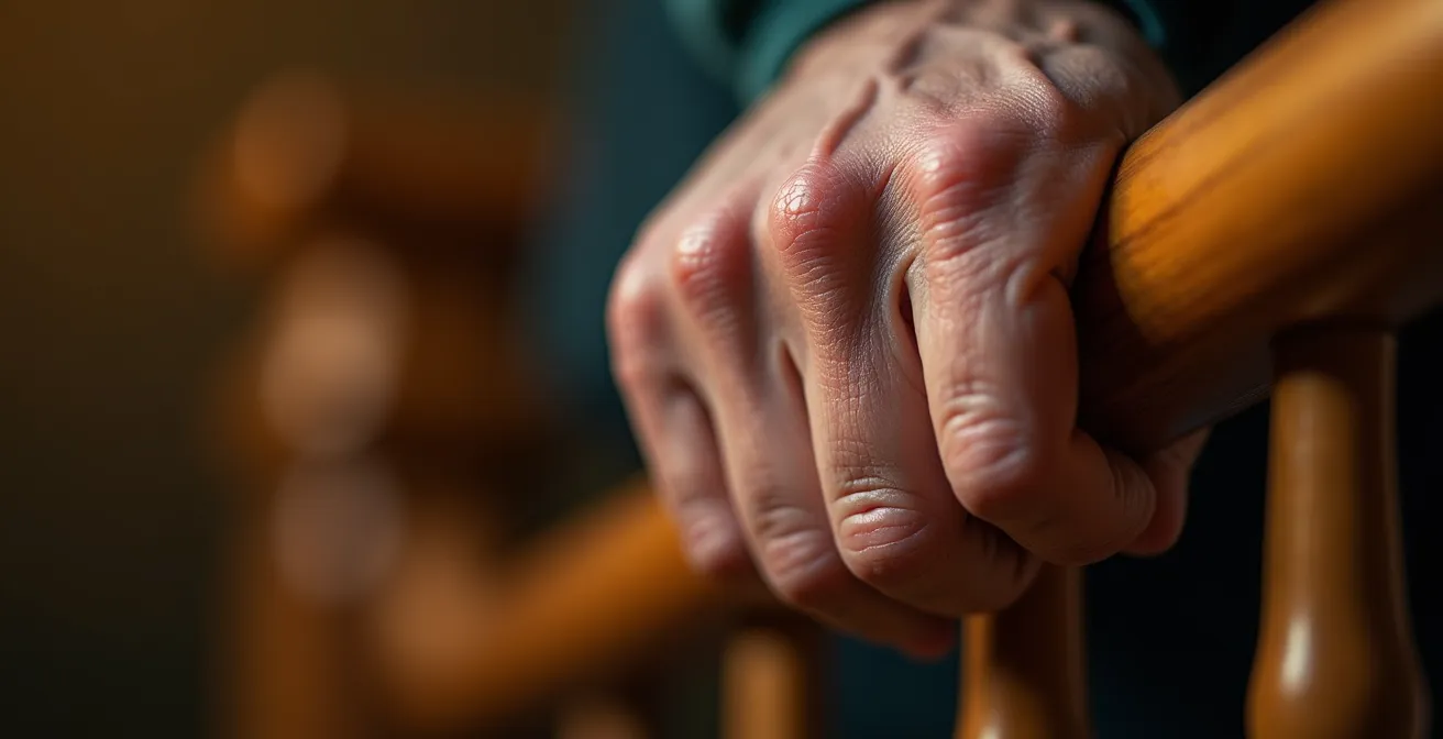 Gros plan sur une main âgée saisissant une rampe d'escalier en bois